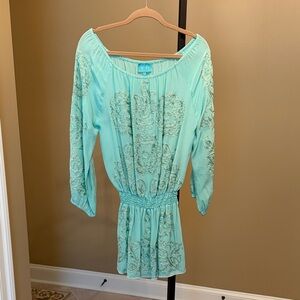 TAJ by Sabrina Crippa Light Aqua Tiered Boho Beach Dress/Cover up.  Size Large